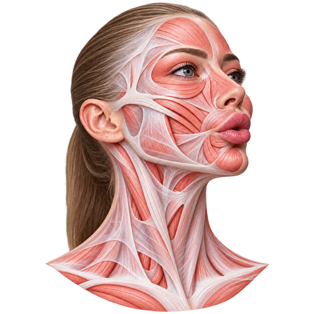 Illustration of the face and neck muscles, with the fascia that wraps around them